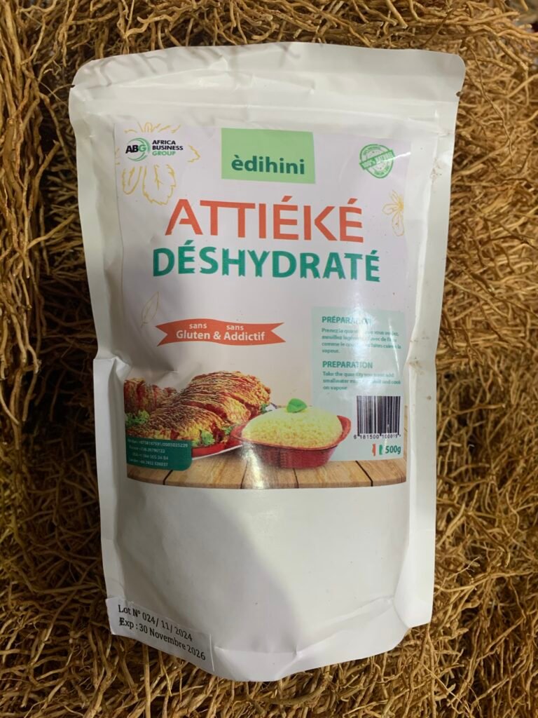 Attiéké déshydrqtée riche en fibres, glucides, vitamines B C et E.