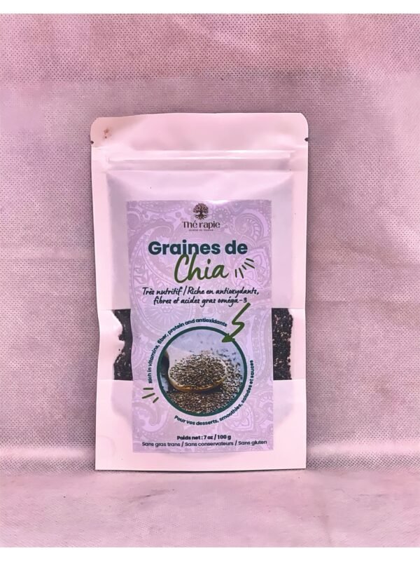 Sachet en Kraft de 100g de graines de Chia. Sachet thermosoudé pour une bonne protection. Les graines de Chia sont riches en fibres, en Oméga 3 et en Calcium.